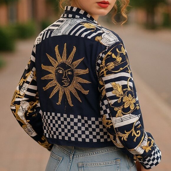 Vintage Jackets & Blazers - VINTAGE Zodiac Soleil Metallic Beaded Crop Blazer S Jacket Astrology Celestial